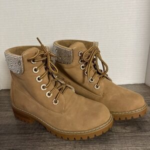 Liliana Rhinestone Lace Up Boots Size 6.5 Tan Vegan Leather Bling Combat Shoes